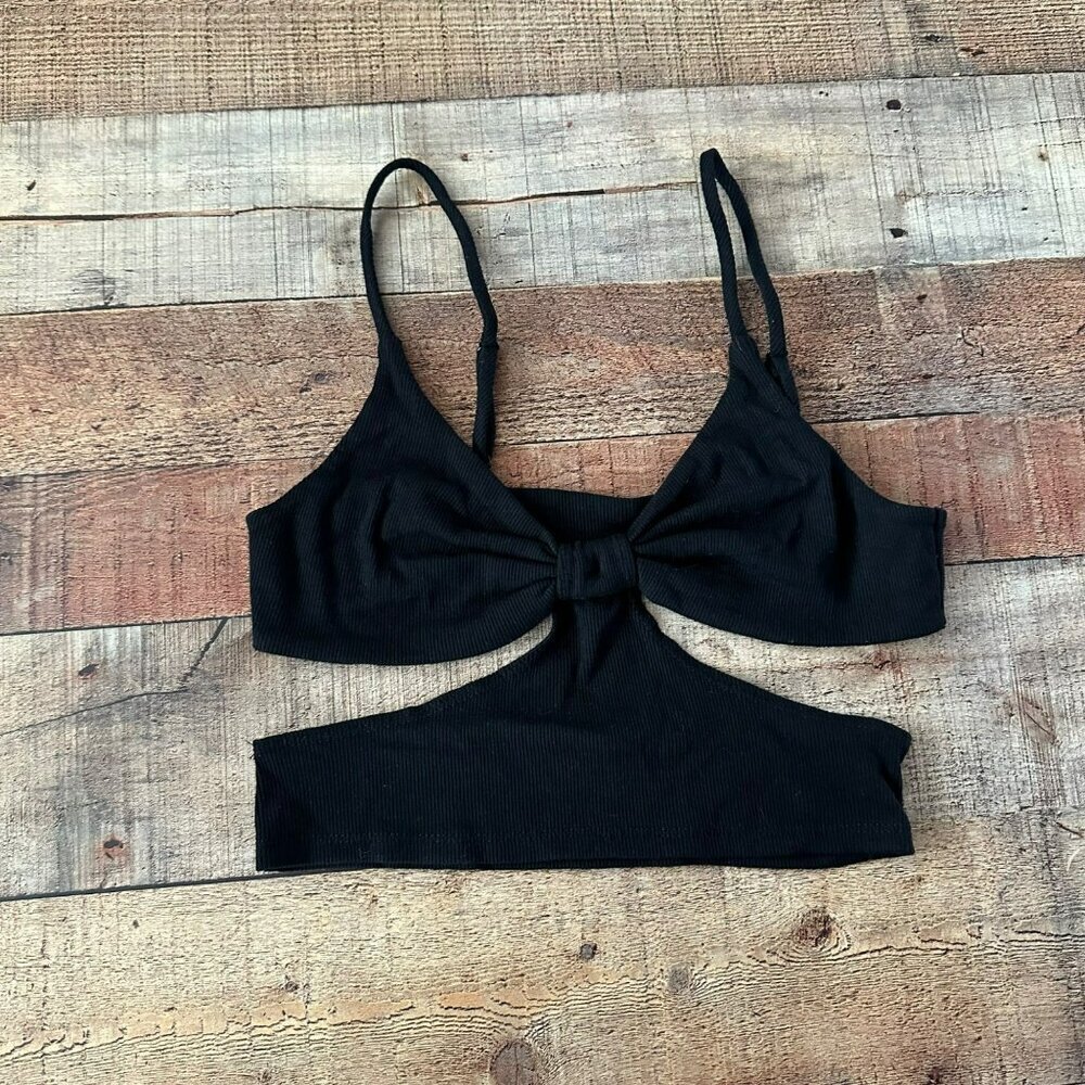 Black Ribbed Knit Cropped Top with Side Cut Outs -L